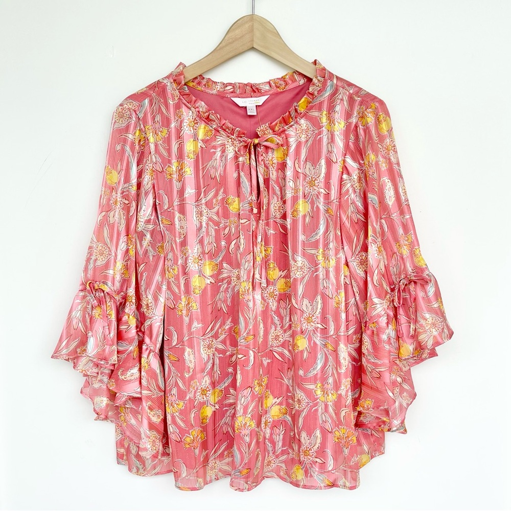 LC LAUREN CONRAD Chiffon Bohemian Blouse 3/4 Ruffle Sleeve Split Neck with Tie - Picture 4 of 12
